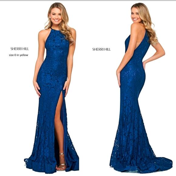 Sherri Hill Yellow Lace Ball Gown Prom Dress Long Slit Halter Neck Size 6 3973 - Picture 5 of 14